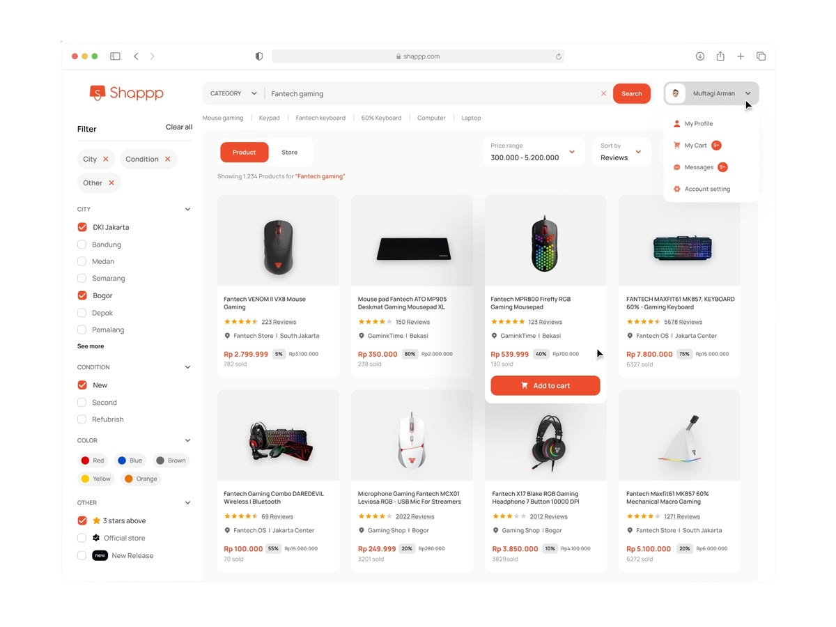 واجهة متجر إلكتروني تعرض شبكة منتجات مع الأسعار وخيارات الفلترة