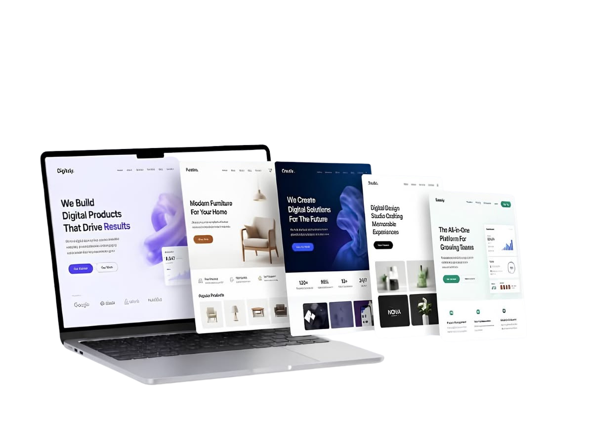 عرض تصميمات متعددة لمواقع إلكترونية على شاشة لابتوب
